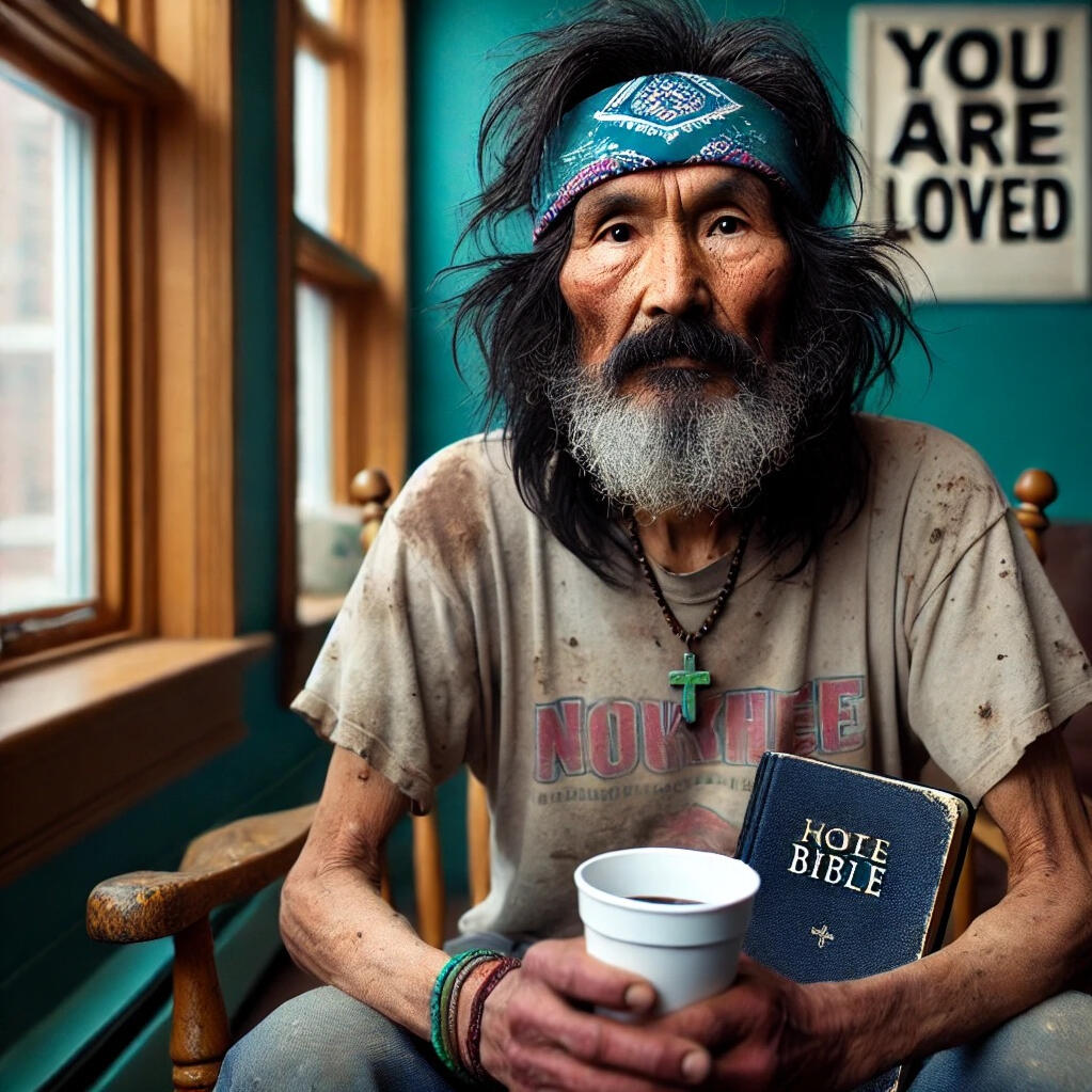 Tom came in for a break from panhandling. Though I'd previously seen Tom act aggressively toward people on the street, he responded well to our calm environment. We had a long chat and with a grateful smile he received a Bible in his native Inuk language.